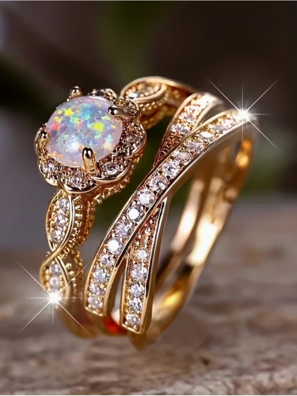 Gold Opal Floral Halo Bridal White Ring.